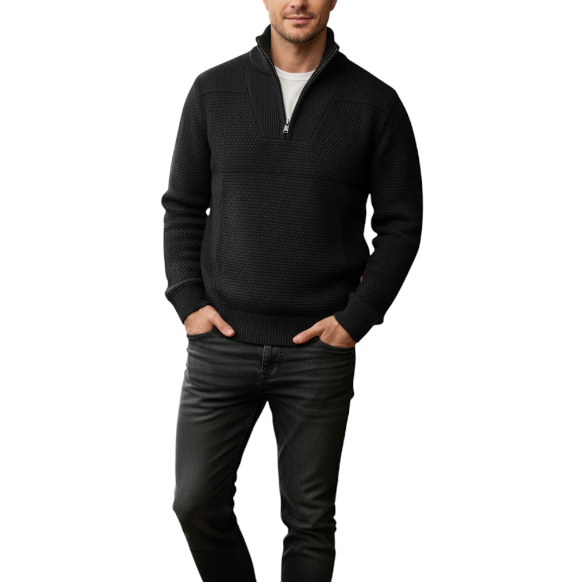 New Look Mens Sweatshirt Quarter Zip Ribbed Crew Neck Pullover Winter Jumper